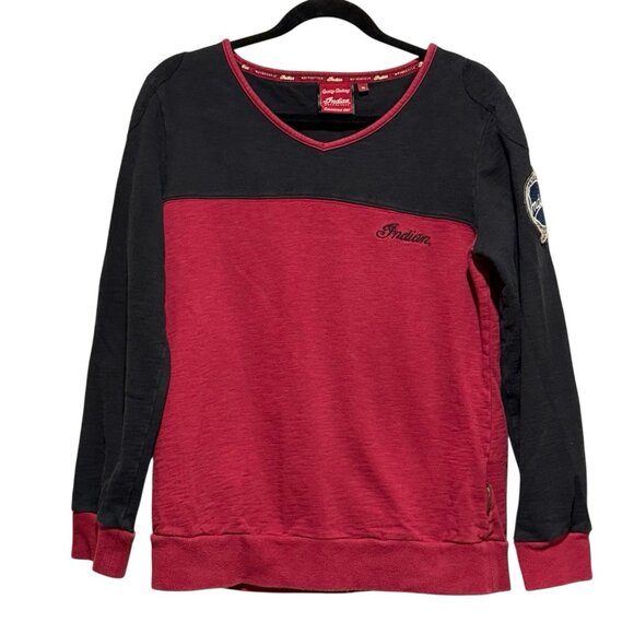 Indian Motorcycles Long Sleeve V-Neck Sweatshirt Embroidered Logo Womens Medium - Picture 2 of 13